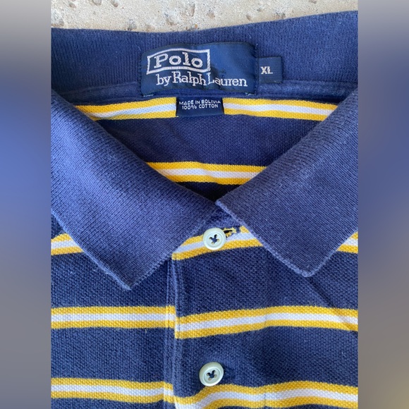Polo by Ralph Lauren Vintage Pique Mesh Knit Polo Shirt Navy & Yellow Stripe XL - Picture 4 of 4